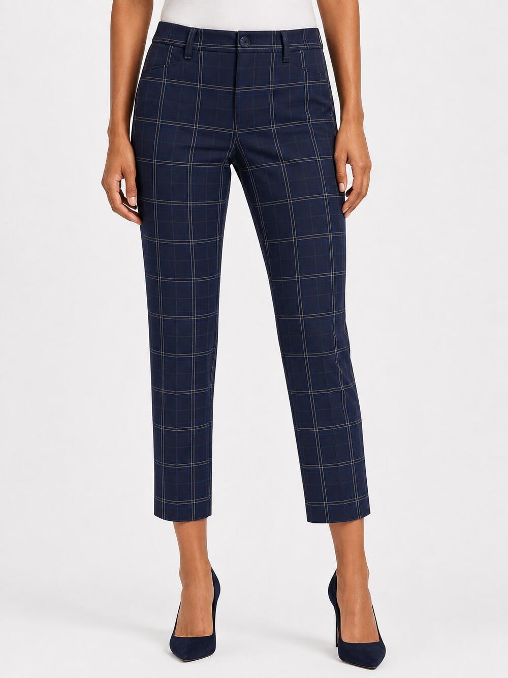 Theory Treeca Dover Tech Windowpane Plaid Crop Pants Navy Size 10